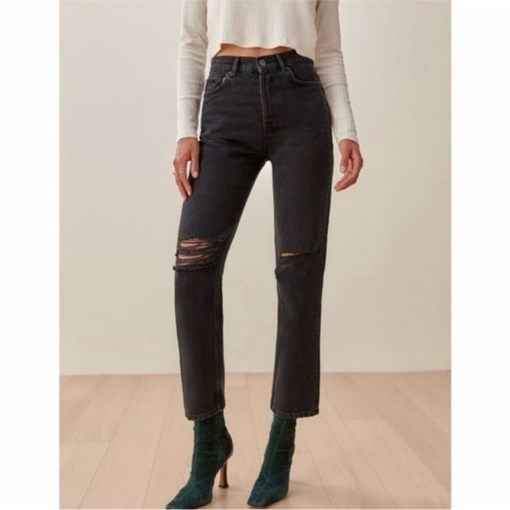 REFORMATION Cynthia High Rise Straight Jeans-Lagoon Destroyed Black Wash/Size 28